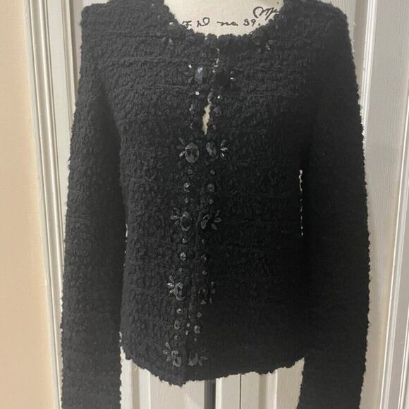 CHICOS TWEED SWEATER BLACK JEWELED Sz M FRINGED EMBELLISHMENT SOPHISTICATED - Picture 14 of 16